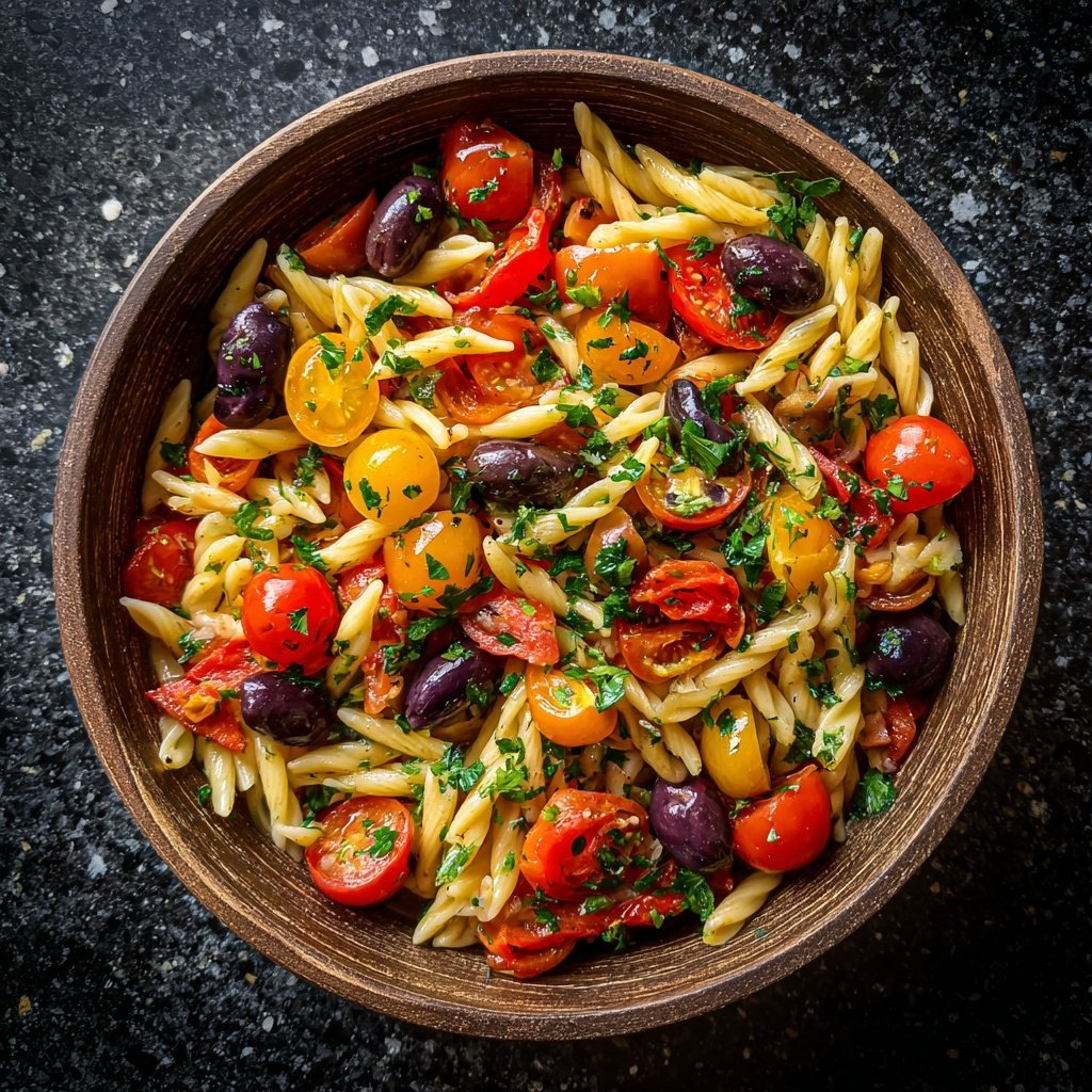Mediterraner Nudelsalat Mit Oliven Und Tomaten